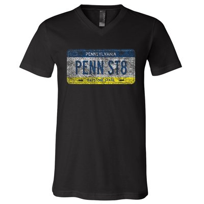 Funny Pa State Vanity License Plate Penn St8 V-Neck T-Shirt