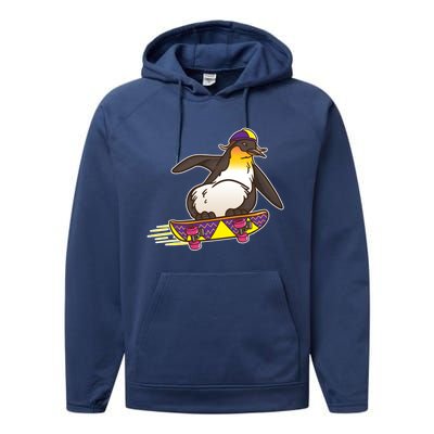 Funny Penguin Skateboard Skater Gift Skateboarding Gift Performance Fleece Hoodie