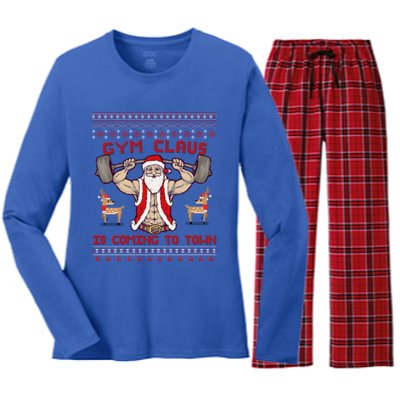 Funny Pun Santa Christmas Gym Claus Is Coming Workout Gift Women's Long Sleeve Flannel Pajama Set 