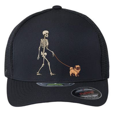 Funny Pekingese Skeleton Dog Walking Halloween Dog Flexfit Unipanel Trucker Cap