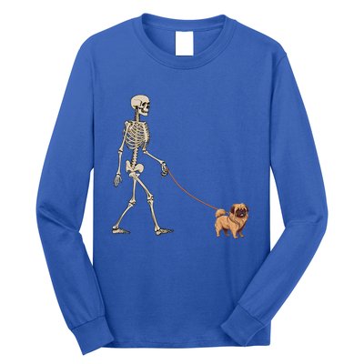 Funny Pekingese Skeleton Dog Walking Halloween Dog Long Sleeve Shirt