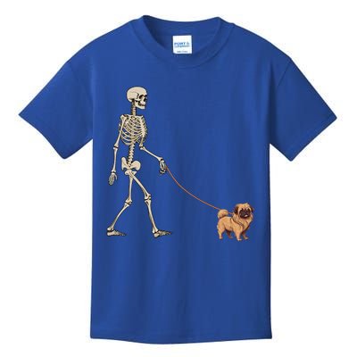 Funny Pekingese Skeleton Dog Walking Halloween Dog Kids T-Shirt