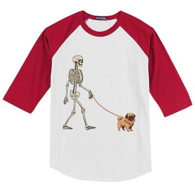 Funny Pekingese Skeleton Dog Walking Halloween Dog Kids Colorblock Raglan Jersey