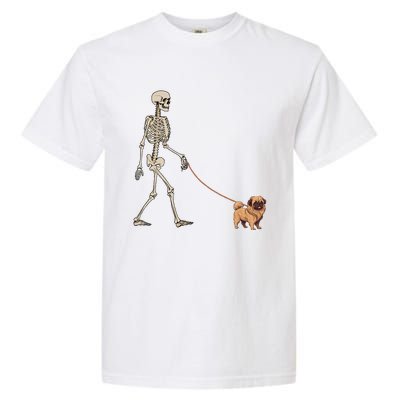 Funny Pekingese Skeleton Dog Walking Halloween Dog Garment-Dyed Heavyweight T-Shirt