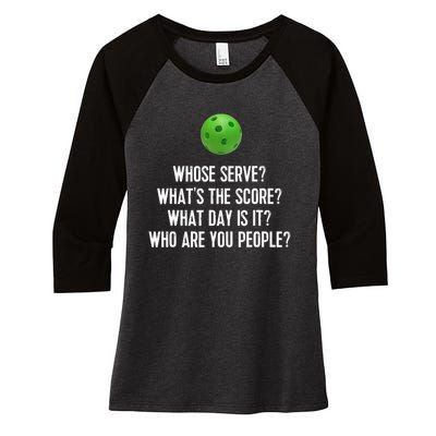 Funny Pickleball Shirt Whose Serve League Pickleball Team TShirt Women's Tri-Blend 3/4-Sleeve Raglan Shirt