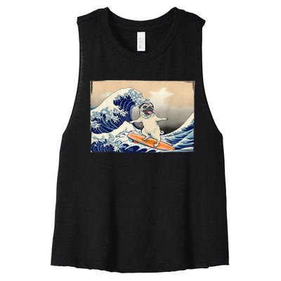 Funny Pug Surfing Pug Humor Funny Dog Pug Owner Pug Women's Racerback Cropped Tank