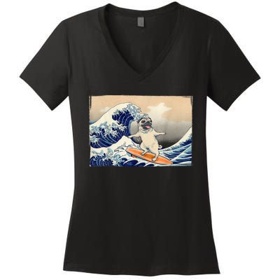 Funny Pug Surfing Pug Humor Funny Dog Pug Owner Pug Women's V-Neck T-Shirt