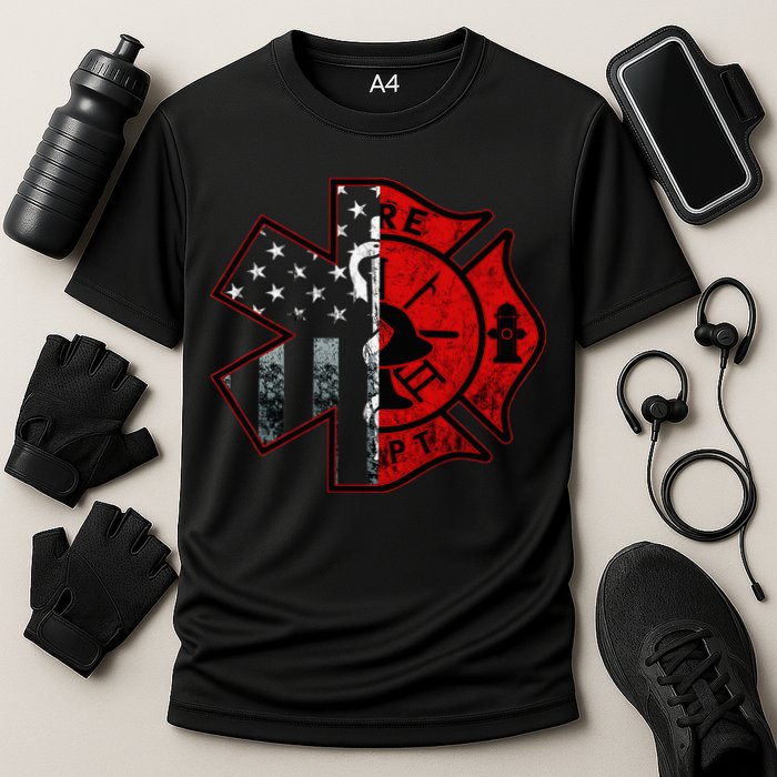 Firefighter Paramedic Symbol American Flag Fireman Fire Cooling Performance Crew T-Shirt