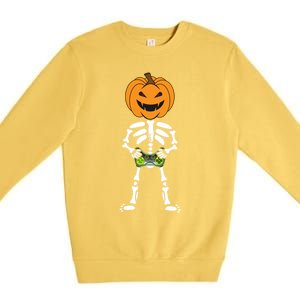 Funny Pumpkin Skeleton Video Game Player Halloween Costumes Gift Premium Crewneck Sweatshirt