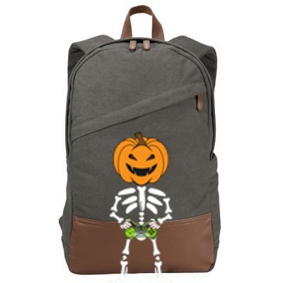 Funny Pumpkin Skeleton Video Game Player Halloween Costumes Gift Cotton Canvas Backpack