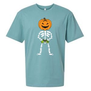 Funny Pumpkin Skeleton Video Game Player Halloween Costumes Gift Sueded Cloud Jersey T-Shirt