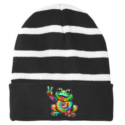 Frog Peace Sign Tie Dye Hippie Striped Beanie with Solid Band