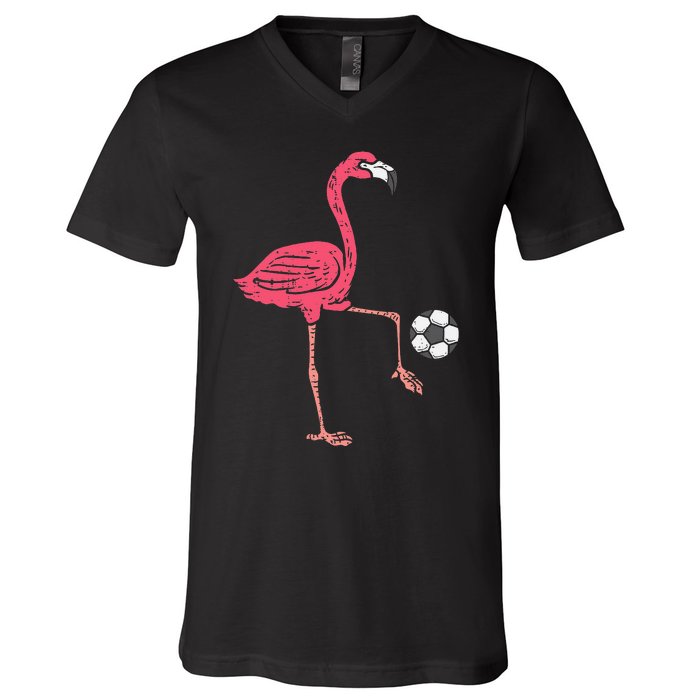 Flamingo Playing Soccer Football Player V-Neck T-Shirt