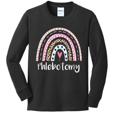 Funny Phlebotomy Squad Phlebotomy Tech Rainbow Boho Leopard Kids Long Sleeve Shirt