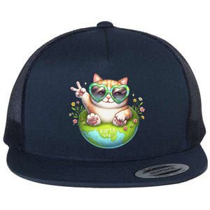 Funny Peace Sign Hand Cat Earth Day Cat Flat Bill Trucker Hat