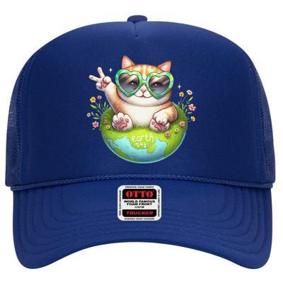 Funny Peace Sign Hand Cat Earth Day Cat High Crown Mesh Back Trucker Hat