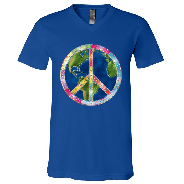 Flower Peace Sign World Peace Hippy 70's Symbol Of Peace Gift V-Neck T-Shirt