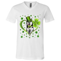 Funny Puppy Shamrock Siberian Husky Dog St Patricks Day V-Neck T-Shirt