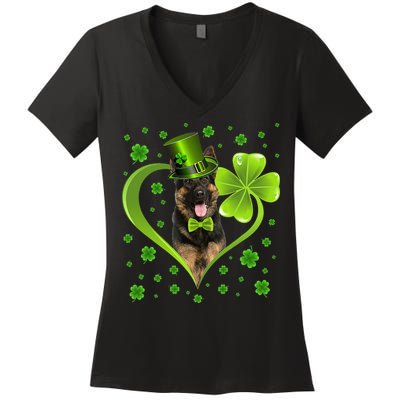 Funny Puppy Shamrock German Shepherd Dog St. Patrick's Day Women's V-Neck T-Shirt