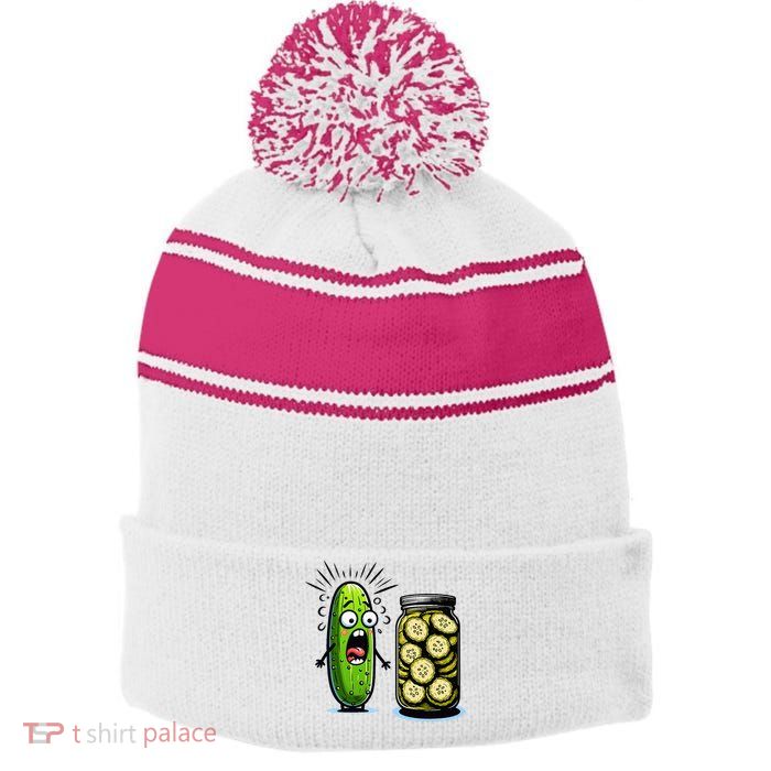 Funny Pickle Surprise A Cucumber And A Jar Of Sliced Pickles Stripe Pom Pom Beanie