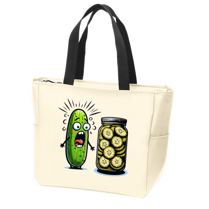 Funny Pickle Surprise A Cucumber And A Jar Of Sliced Pickles Zip Tote Bag