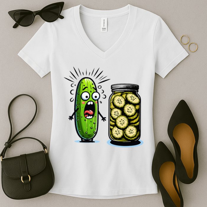 Funny Pickle Surprise A Cucumber And A Jar Of Sliced Pickles Women's V-Neck T-Shirt