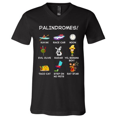 Funny Palindromes Set For Palindromists Word Play Games Pun V-Neck T-Shirt