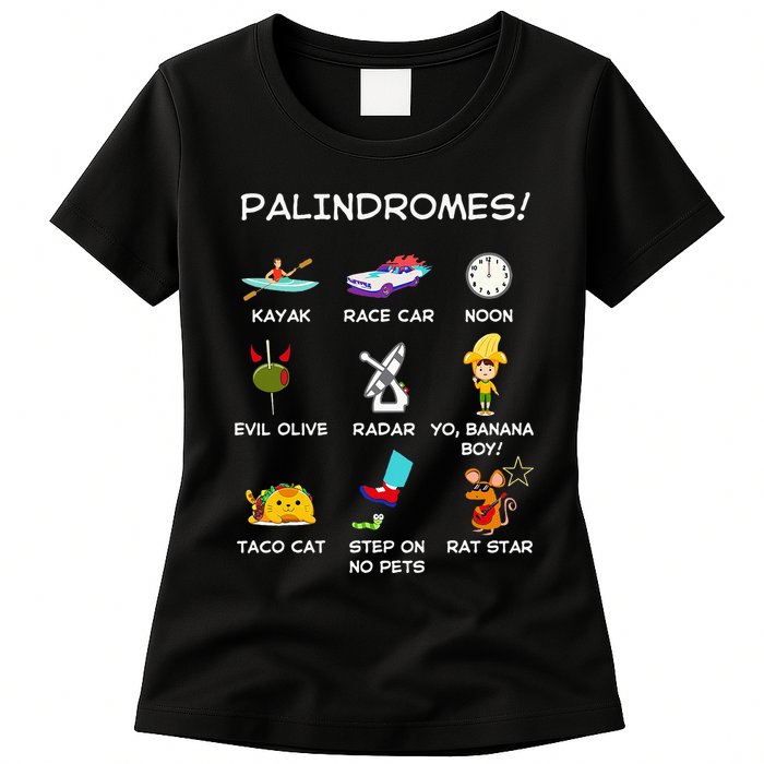 Funny Palindromes Set For Palindromists Word Play Games Pun Womens T-Shirt
