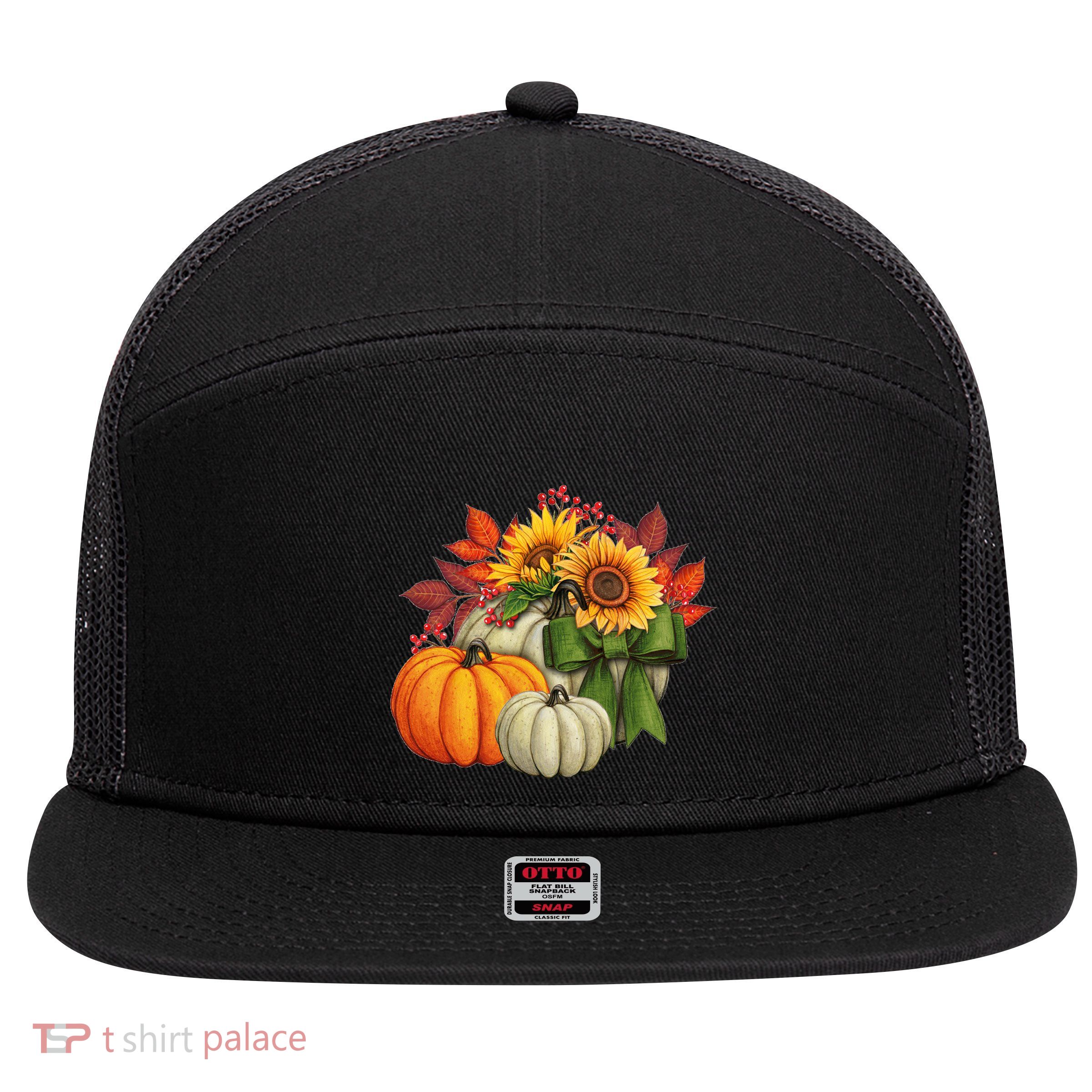 Fall Pumpkin Sunflower Cute 7 Panel Mesh Trucker Snapback Hat