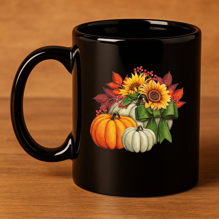 Fall Pumpkin Sunflower Cute 11oz C Handle Ceramic Mug