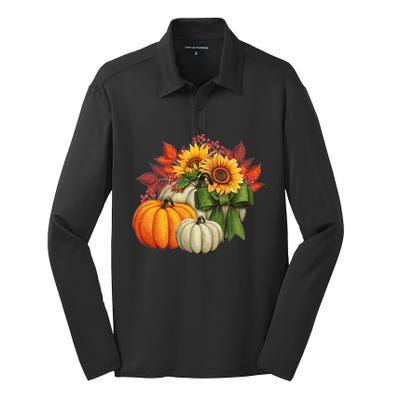 Fall Pumpkin Sunflower Cute Silk Touch Performance Long Sleeve Polo