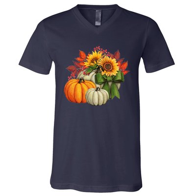 Fall Pumpkin Sunflower Cute V-Neck T-Shirt