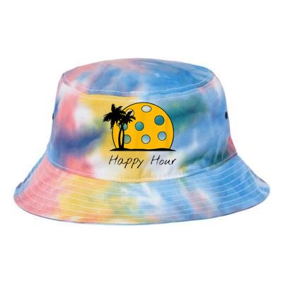 Fun Pickleball Shirts, HAPPY HOUR w/ huge Pickleball sunset Tie Dye Newport Bucket Hat