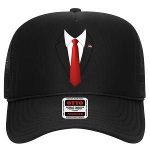 Funny President Trump Suit Lazy Halloween Costume Usa Flag High Crown Mesh Back Trucker Hat