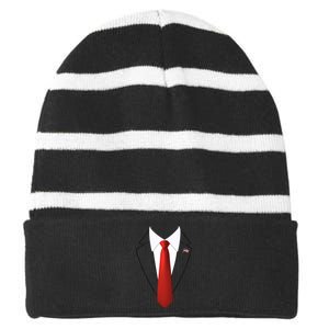 Funny President Trump Suit Lazy Halloween Costume Usa Flag Striped Beanie with Solid Band