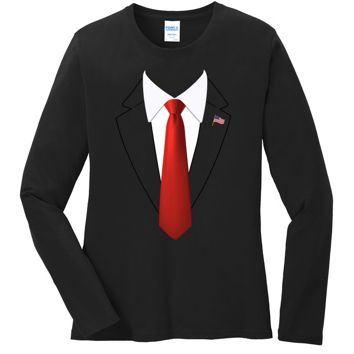 Funny President Trump Suit Lazy Halloween Costume Usa Flag Ladies Long Sleeve Shirt