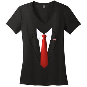 Funny President Trump Suit Lazy Halloween Costume Usa Flag Women's V-Neck T-Shirt