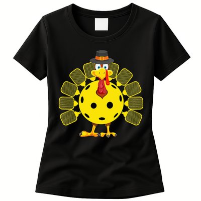 Funny Pickleball Thanksgiving Golf Ball Turkey Lover Womens T-Shirt