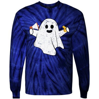 Funny PE Teacher Ghost Spooky Vibes Vintage Halloween Tie-Dye Long Sleeve Shirt