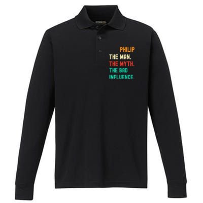 Funny Phillip The Man The Myth The Bad Influence Performance Long Sleeve Polo