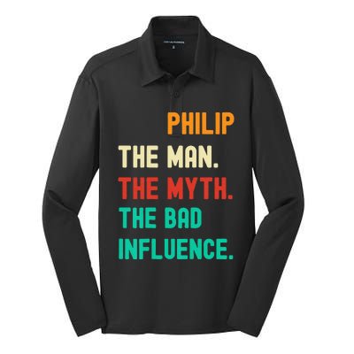 Funny Phillip The Man The Myth The Bad Influence Silk Touch Performance Long Sleeve Polo