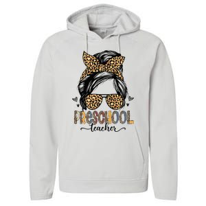 Funny Preschool Teacher Messy Bun Leopard Back To School Performance Fleece Hoodie