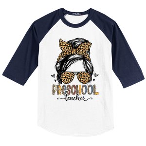 Funny Preschool Teacher Messy Bun Leopard Back To School Baseball Sleeve Shirt