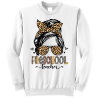 Funny Preschool Teacher Messy Bun Leopard Back To School Sweatshirt