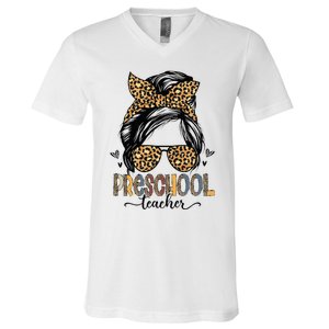 Funny Preschool Teacher Messy Bun Leopard Back To School V-Neck T-Shirt