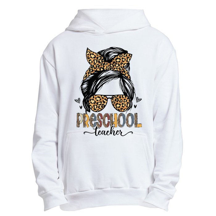 Funny Preschool Teacher Messy Bun Leopard Back To School Urban Pullover Hoodie