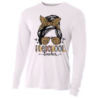 Funny Preschool Teacher Messy Bun Leopard Back To School Cooling Performance Long Sleeve Crew