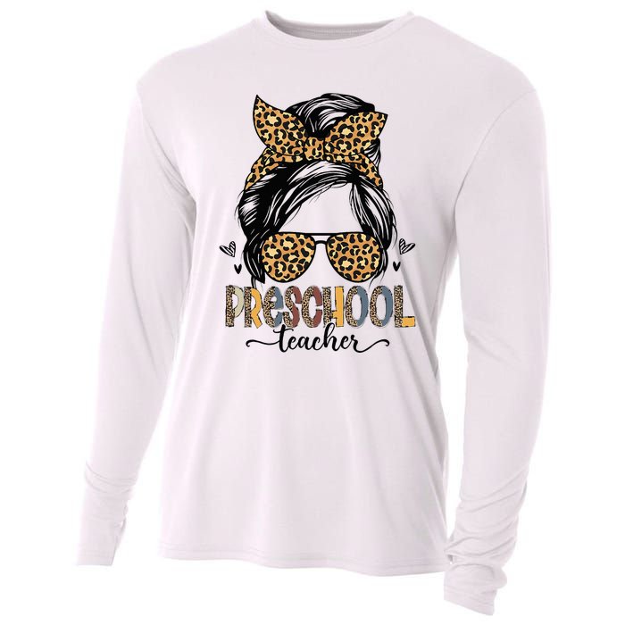 Funny Preschool Teacher Messy Bun Leopard Back To School Cooling Performance Long Sleeve Crew