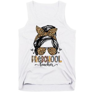 Funny Preschool Teacher Messy Bun Leopard Back To School Tank Top