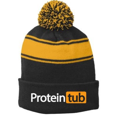 Funny Protein Tub Fun Adult Humor Joke Workout Fitness Gym Stripe Pom Pom Beanie